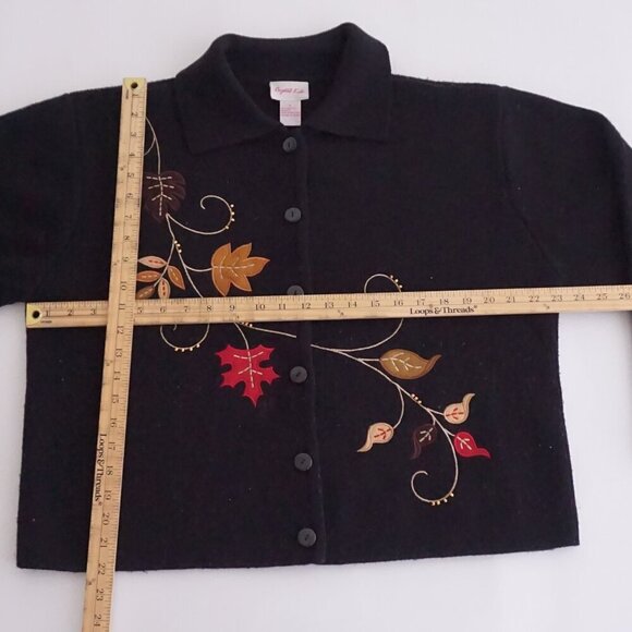 Vintage Crystal Kobe Black Embroidered Harvest Leaves Button Cardigan Sweater L - Picture 4 of 11